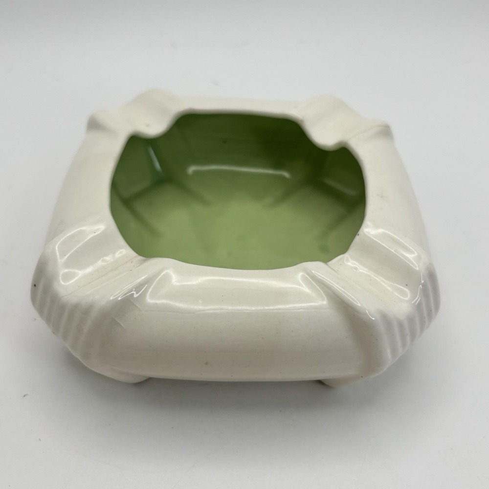 Lime Green & Cream Pottery‎ Cigarette Cigar Ashtray MCM Art Deco Candy Trinket